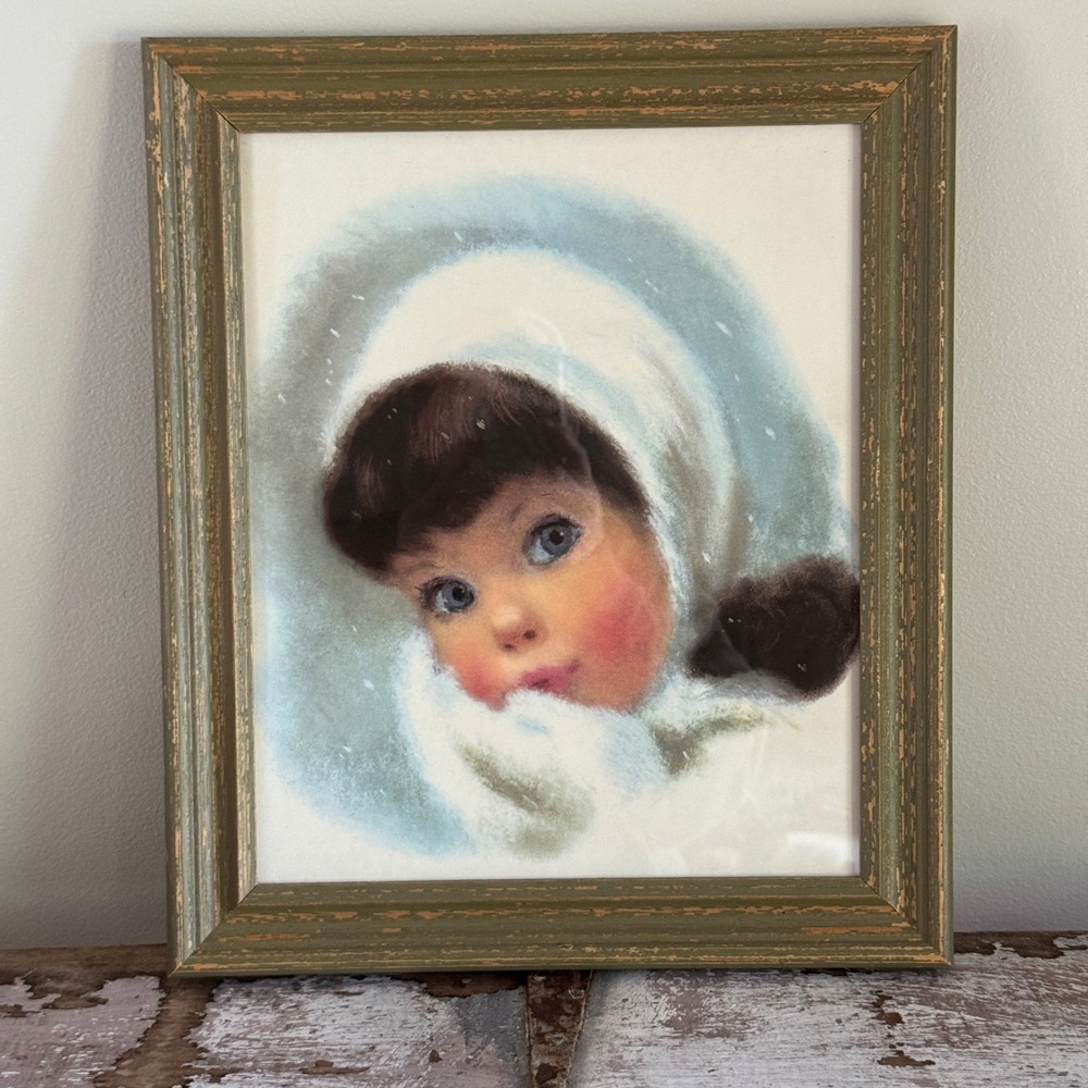 Vintage Mid Century Big Eye Girl Winter Portrait Distressed Green Wood Frame Art